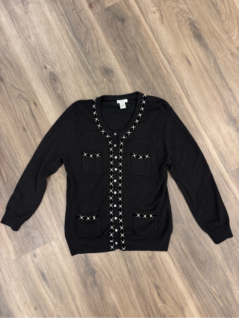 Cache Black Cardigan Sweater with Silver Chain Trim